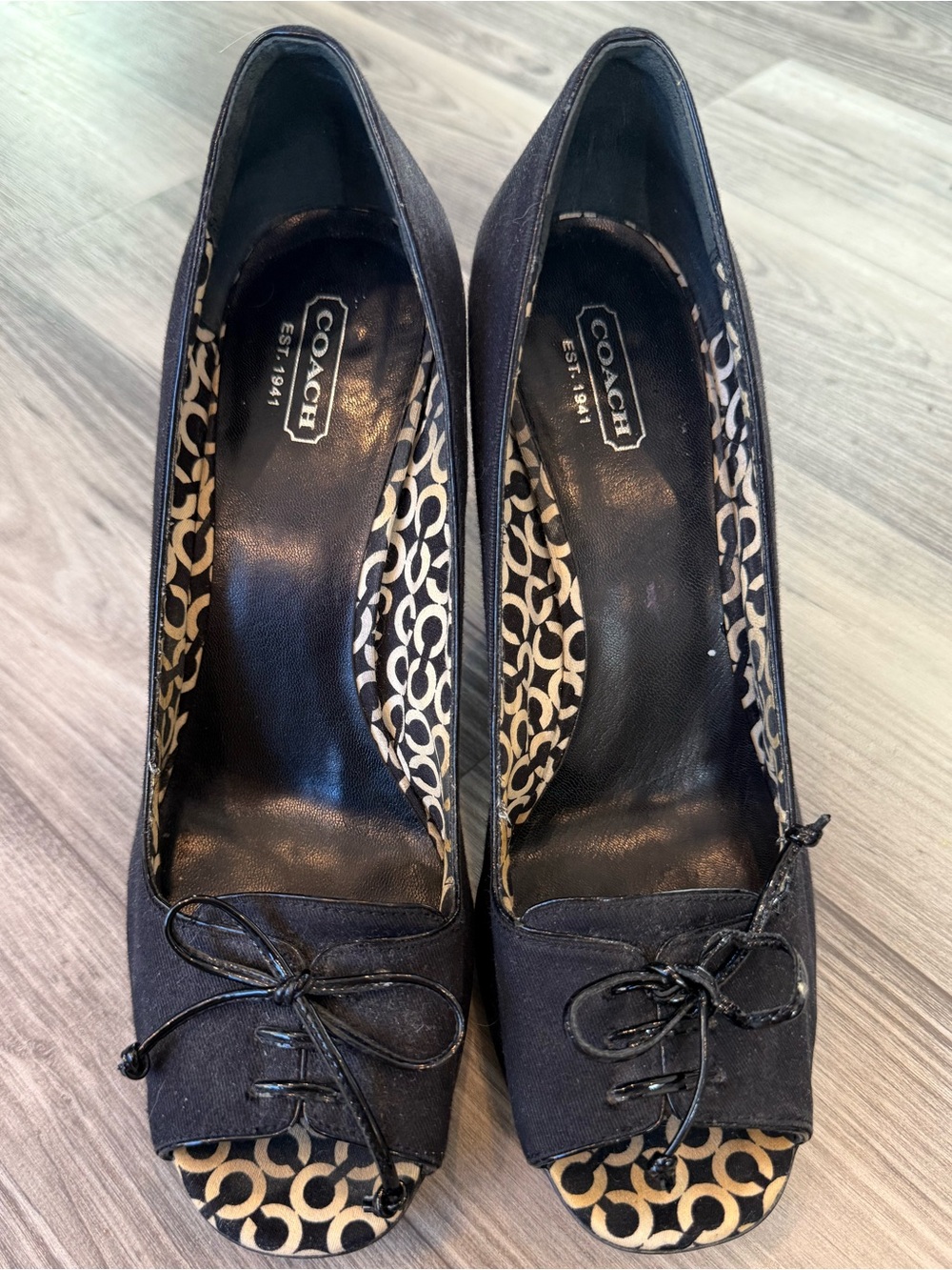 Coach Y2K Black Satin Peep Toe Platform Heels Bow Logo Pumps Size 8.5